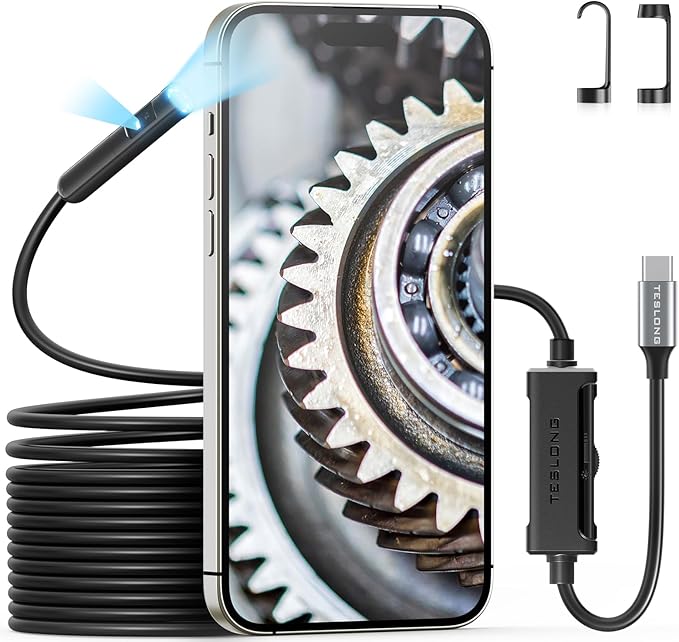 Dual Lens Endoscope with Light, Teslong USB-C Inspection Camera with 8+1 LED Lights, Flexible Waterproof Fiber Optic Snake Scope Compatible with iPhone 15, Android(16.5FT)