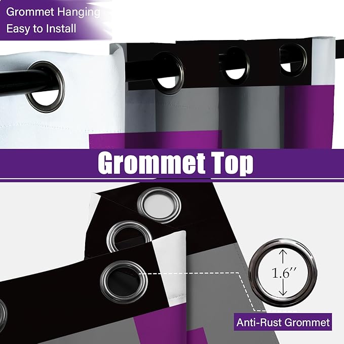 Purple 100% Blackout Curtains 45 inch Length 2 Panels Set White Grey Modern Abstract Geometric Drapes for Kitchen Black Out Curtains Insulated Room Darkening Small Window Curtains, 42Wx45L