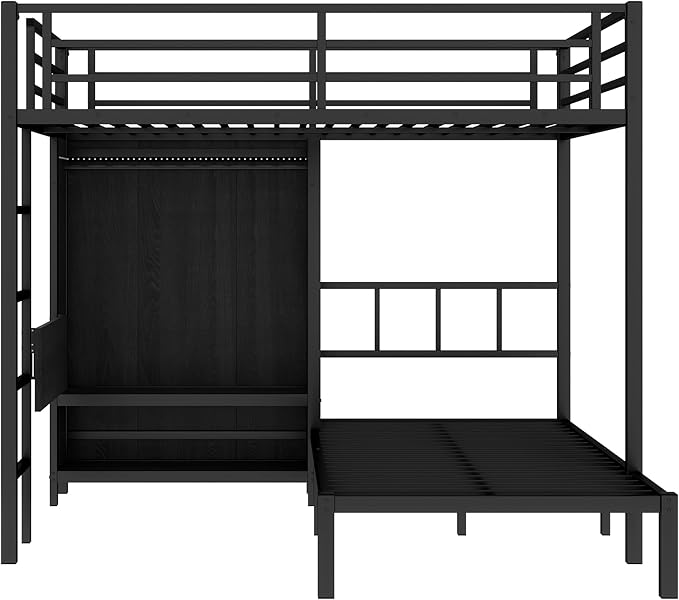 Full XL Over Twin Metal Bunk Bed with Folding Desk, Closet with LED, Space-Saving/Noise Reduced, Black Classic Platform Bed Frame, Easy Assembly YJXW1580S00113