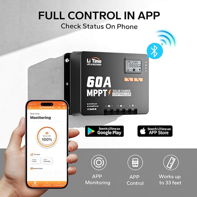 LiTime MPPT Solar Charge Controller (Bluetooth) - Solar Panel Regulator -150V, 60Amp, 12/24/36/48Volt for LiFePO4 and Lead-Acid Battery in Solar System