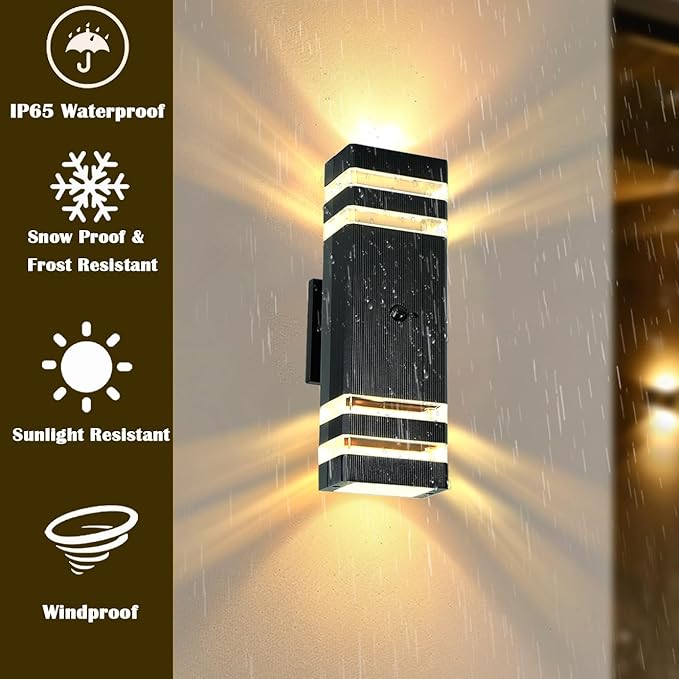 iYogaled Motion Sensor Outdoor Wall Lights with 3 Lighting Modes, Dusk to Dawn Porch Light with Bulbs Include, IP65 Waterproof Modern Black Wall Sconce for Patio, Garage, Front Door