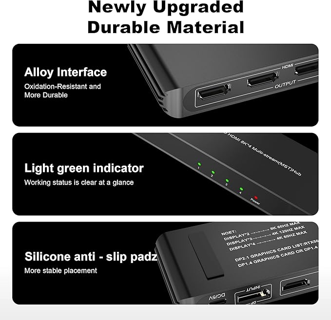 DisplayPort to HDMI Splitter for 4 Monitors, 8K@60Hz HDMI Splitter Extended Display 1 DP in 4 HDMI Out DisplayPort MST Hub for Multiple Monitor, Compatible with Computer, Graphic Card, PC