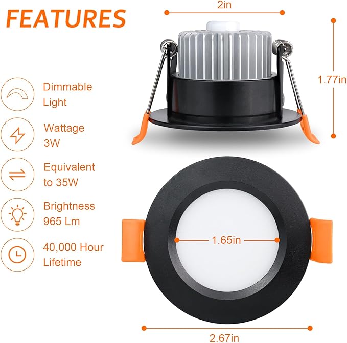 inShareplus 2 Inch LED Recessed Lighting, Black Downlight Dimmable 3W (35W Equivalent), 3000K Warm White, CRI80, Recessed Light Fixtures with LED Driver （1 Pack）