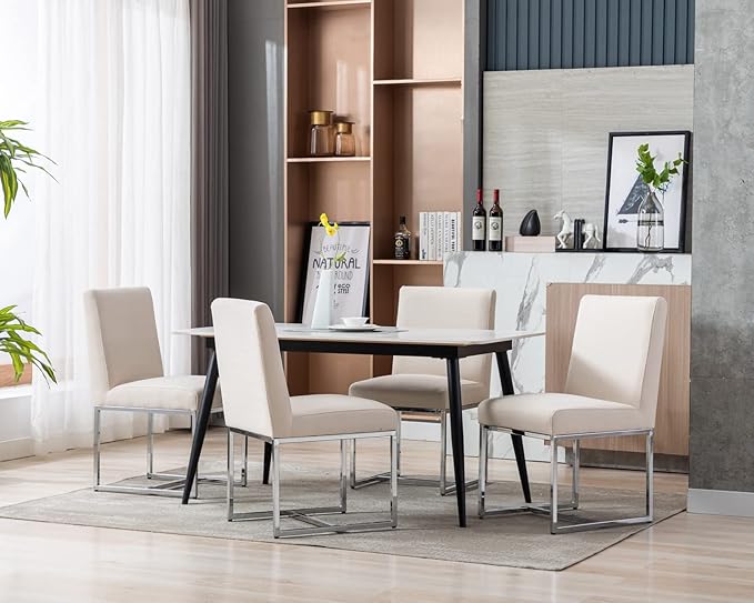 CIMOTA Modern Dining Chairs Set of 4, Upholstered Dining Room Chairs Armless Guest Side Chair with Chrome Base for Dining Room/Kitchen, Beige, 4PCS