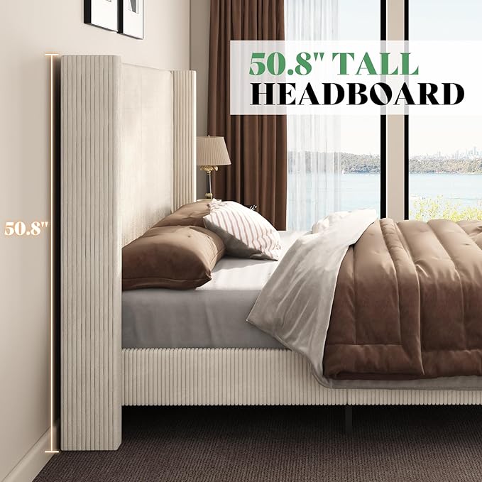 AMERLIFE California King Size Upholstered Bed Frame with 50.8" Tall Headboard, Wingback Platform Bed with Solid Wood Legs, Wooden Slats, Corduroy/No Box Spring Needed/Noise Free/Cream