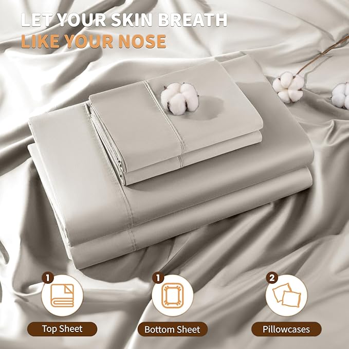 LBRO2M 100% Cotton Sheets Set Deep Pocket 19", 1000 Thread Count King Size 4 Piece Bed Sheet Sets Soft Comfortable Bedding All Season (King, Taupe)