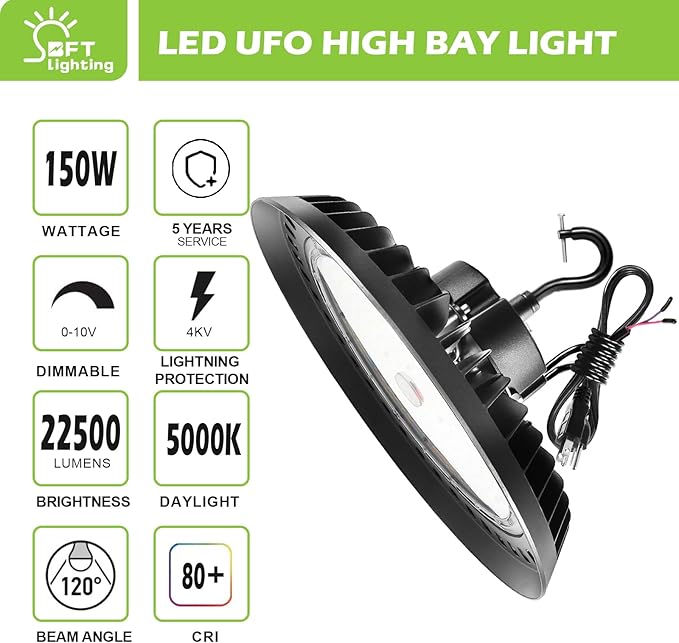 UFO Led High Bay Light 150W 2250lm 5000K 1-10V Dimmable High Bay Led Shop Lights ETL Listed US Hook 5' Cable Led High Bay Lights Alternative to 650W MH/HPS for Shop Warehouse Gym Factory