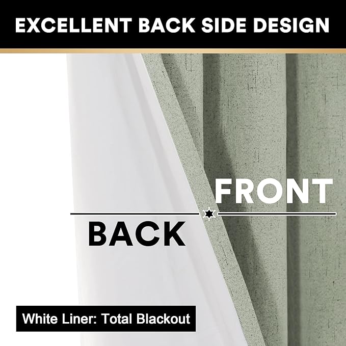 PrinceDeco 100% Blackout Curtains for Bedroom Window Treatment Thermal Insulated Warm Drapes for Winter Linen Textured Curtains Heat and Full Light Blocking Drapes 2 Panel Sets,Sage,52x84 Inch