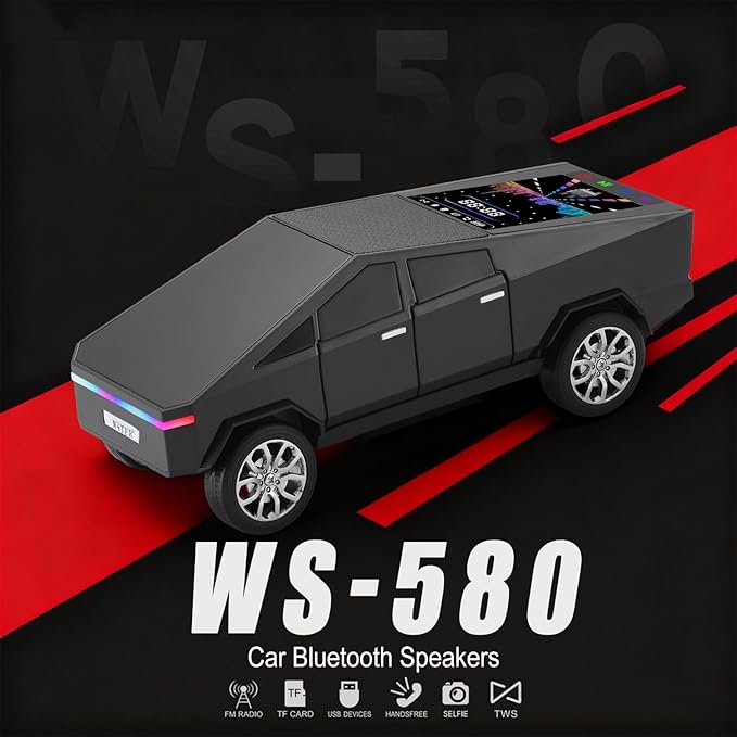 Futuristic Pickup Truck Bluetooth Speaker with LED Display Screen – Practical Gift Choice for Car Model Fans & Audio Users, TWS Stereo, FM Radio, USB/TF Playback, Front LED Headlights, Mic(Black)