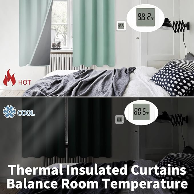 BGment Thermal Insulated 100% Blackout Curtains for Bedroom with Black Liner, Double Layer Full Room Darkening Noise Reducing Grommet Curtain (42 x 72 Inch, Frosty Green, 2 Panels)
