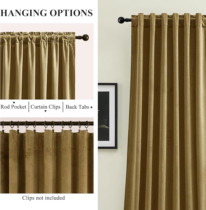 Velvet Curtains 108 Inches Long for Bedroom, Luxury Room Darkening Thermal Insulated Blackout Curtains Luxury Window Drapes for Living Room, Back Tab Rod Pocket, Goldbrown, W52 x L108, 2 Panels