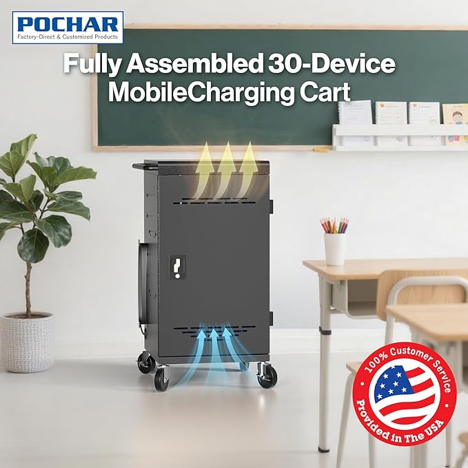 Fully Assembled 30 Unit Device Charging Station for Chromebook, iPad, 14'' Laptop - Charging Cart with Charger Cable Management, Circuit Breaker, Grounding Protection