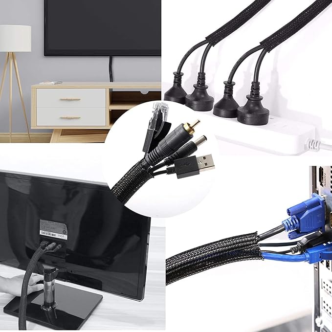 QCSIW 1/4" x 50ft Black Cable Sleeve Cover - Pet-Proof Cord Management System for Home Office Desk, Durable Wire Organizer Protector from Dog Cat Chewing, Flexible Cable Hider (Black)