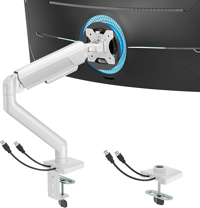 ARES WING Heavy Duty Single Monitor Arm - Fully Adjustable Monitor Mount for 17"-40" Ultrawide Screens Up to 26.4 lbs with Clamp/Grommet Desk Mount and USB A/C, 75/100 Vesa Mount, White