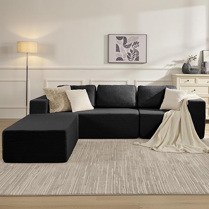 106" Modular Sectional Couch Left/Right Facing Convertible, L-Shape Modern Teddy Sofa, Deep Seat Upholstered Foam Couch for Living Room Bedroom, No Assembly Required (Black, Teddy Boucle)