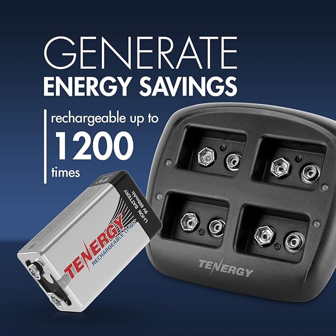 Tenergy TN294 4 Bay 9V Li-ion Battery Charger and 8 Pack 9V 600mAh Li-ion Rechargeable Battery