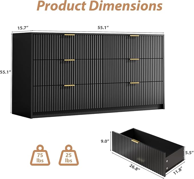 3-Piece Dresser Bedroom Set, 6 Drawer Dresser & 2 Drawer Nightstands with Gold Handles, Fluted Wood Chest of Drawers for Bedroom, Living Room, Entryway, Black