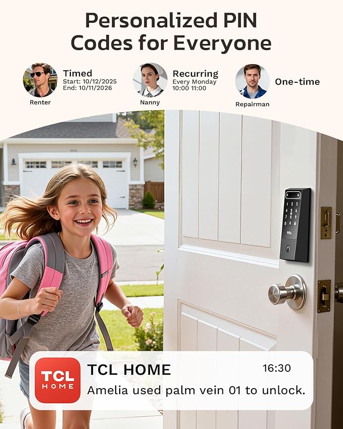 TCL D2 Pro Smart Lock with Palm Vein Recognition, 10000mAh Rechargeable Battery & Wi-Fi, Keyless Entry Door Lock, IP55 Weatherproof, Built-in Doorbell, Auto Lock, Compatible with Alexa, Black