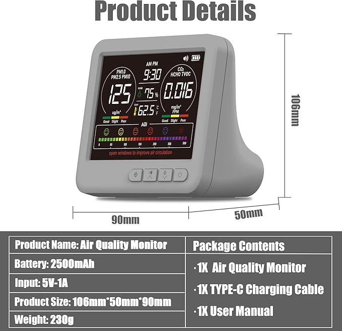 Professional Indoor Air Quality Monitor with 7X AQI,16 in 1 Portable Real-Time Detector for PM2.5 | PM10 | CO2 | TVOC | HCHO | Temp | Hum for Home Cars Plants Pets (Gray)