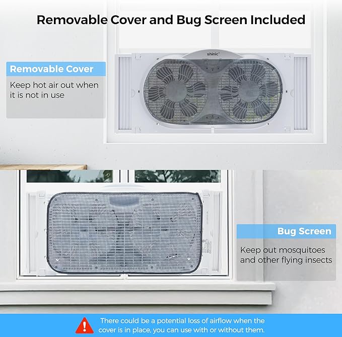 shinic 9" Twin Window Fan with Reversible Airflow, Removable Cover and Bug Screen, Remote Control, 3 Functions-3 Speeds, Width Adjustable (23.5" to 37"), Bathroom Kitchen Window Fan ETL Certified