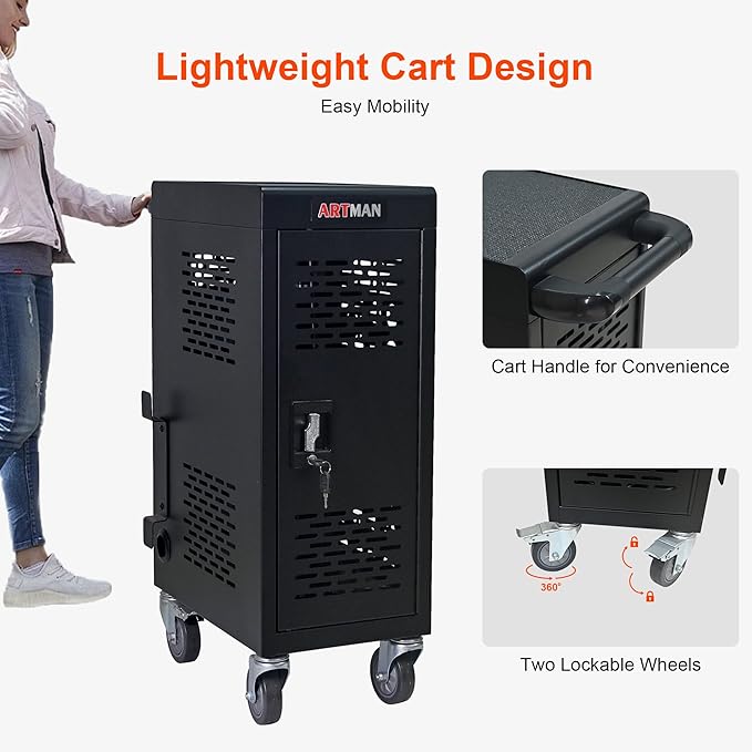 Aokleo Laptop Charging Cart,16 Devices Tablet Storage Carts for pad Up to 16.3" Screen Size, Classroom Computer Mobile Charging Station for Pads, Chromebooks,Laptops, Security Storage(16 Bay-Black)