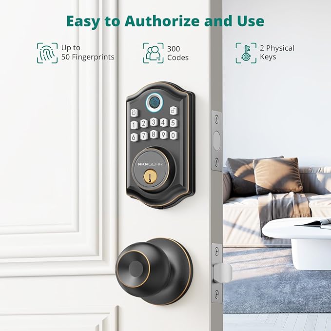 AkaGear DS10 Keyless Entry Door Lock with Door Knob, Fingerprint Door Lock, Electronic Keypad Deadbolt, Smart Door Lock, Smart Locks for Front Door, Auto-Lock - Oil Rubbed Bronze