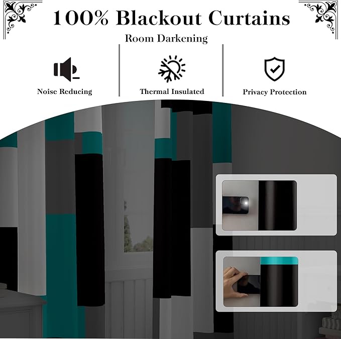 Teal/Turquoise 100% Blackout Curtains for Bedroom 96 inch Long 2 Panels Set Black White Grey Modern Abstract Geometric Black Out Curtains Room Darkening Window Drapes for Living Room, 52Wx96L