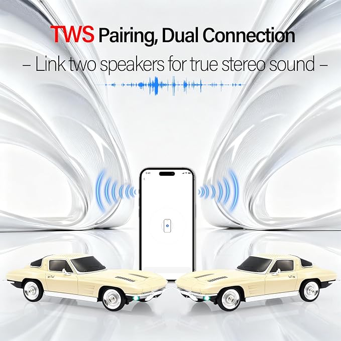 WSTER Retro American Style car Bluetooth Speaker, Portable Wireless Outdoor Speaker, TWS Stereo, Support USB/TF/AUX, Party Bluetooth Speaker with Microphone,Classic car Gifts for Men(Beige)