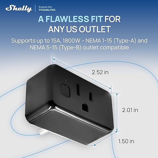 Shelly Smart Plug, WiFi, Bluetooth, Zigbee, Matter Outlet with Power Metering, Works with HomeKit, Google Home, Alexa, Home Assistant, Smart Socket, Easy Setup, Remote Control, Plug US Gen4 Black UL