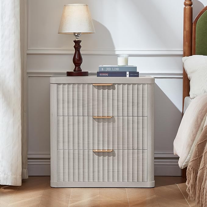 LEYAOYAO 23" Wide Fluted Farmhouse Night Stand Set of 2 with Charging Station, 3 Drawers Large End Table w/Metal Handle, LightGrey Nightstand Bedside Table,Wood Dresser for Bedroom, Closet