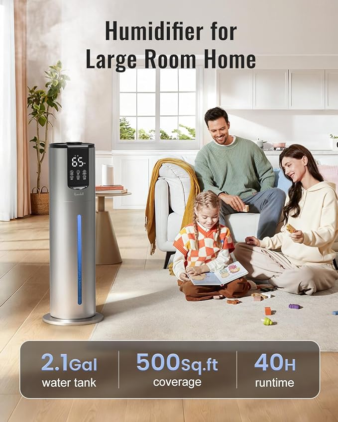 Lacidoll 8L Humidifiers for bedroom, Humidifiers large room up to 500 sq ft, Easy to Clean Humidifier with Washable Parts, Ultrasonic Cool Mist Humidifier for Home Plants Baby Nursery Office, Grey