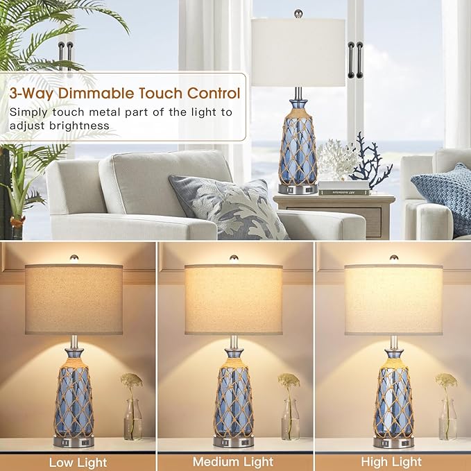 Coastal Glass Table Lamps, 3-Way Dimmable Touch Control Bedside Lamps with 2 USB Ports and AC Outlet, Blue Nautical Nightstand Lamps for Bedroom Living Room (LED Bulbs Included)