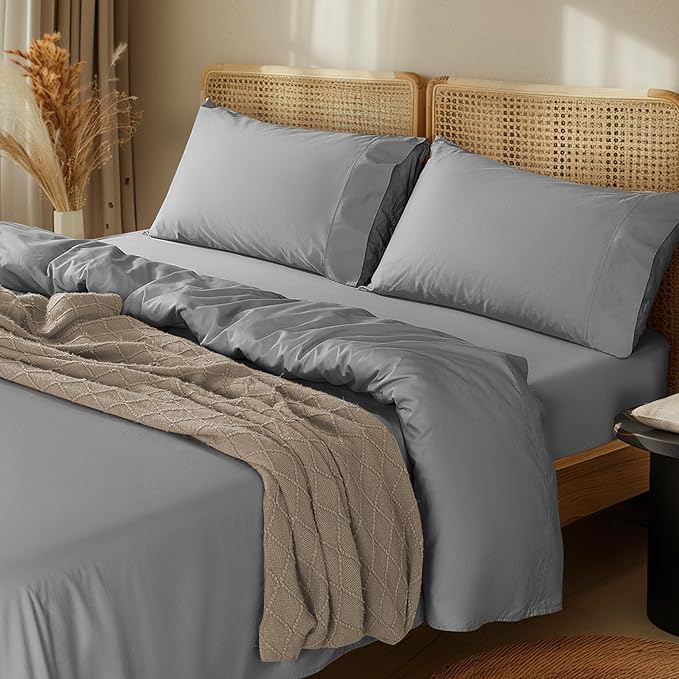 LBRO2M 100% Cotton Sheets Set Deep Pocket 24", 1000 Thread Count California King Size 4 Piece Bed Sheet Sets Soft Comfortable Bedding All Season (California King, Gray)