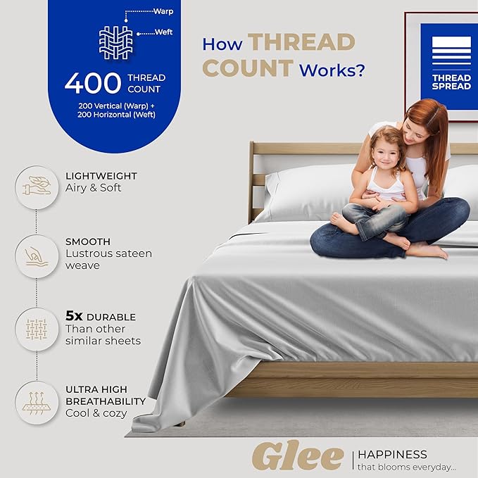 Thread Spread 100% Cotton Queen Sheets Set - 400 Thread Count Queen Size Sheets (4 PC, Silver Grey), 16" Deep Pocket All Around Elastic, Soft, Cooling, Durable & Breathable Sateen Weave Bed Sheet Set