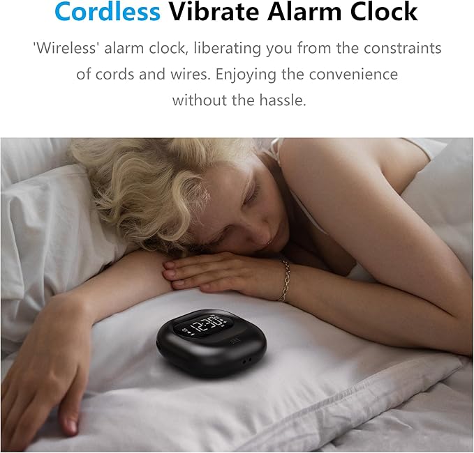 Mesqool Vibrating Alarm Clock for Heavy Sleepers, Battery Operated Rechargeable Bed Shaker Under Pillow, Weekday/Weekend Dual Alarms, Wireless, Cordless, Travel Digital Clock for Hearing-impaired