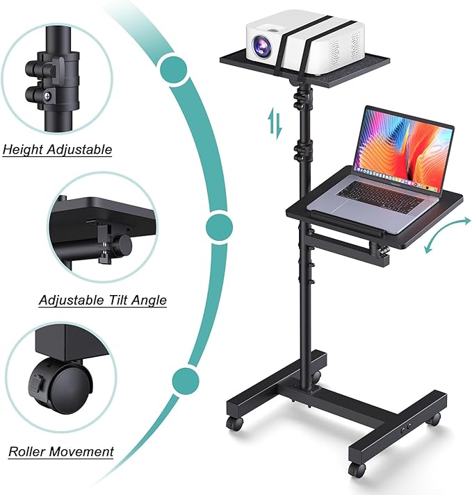 Facilife 2 Shelves Projector Stand Tripod, Height Adjustable Max 64", Mobile Laptop Cart on Wheels Projector Tripod Stand, Overbed Table with Wheels, Rolling Laptop Floor Stand for Couch