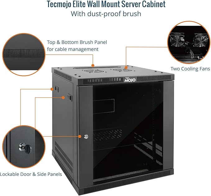 Tecmojo 12U Wall Mount Rack Cabinet, Heavy-Duty 176 Lbs High Load Capacity, 19” Enclosed Server Network Rack with Glass Door, 17.7” Deep – Elite Collection