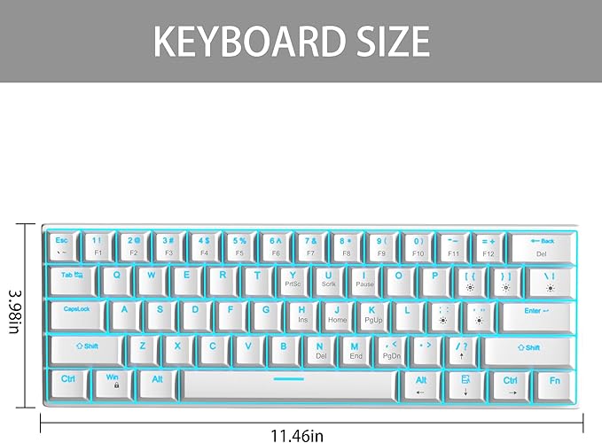 Camiysn 60% Mechanical Gaming Keyboard, White Gaming Keyboard with Red Switches, Detachable Type-C Cable Mini Keyboard with Blue LED Light for/PC/Laptop