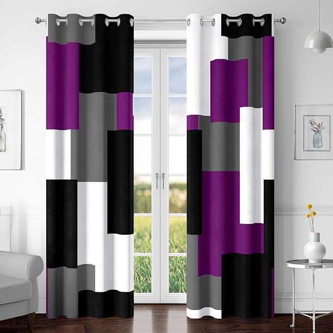 Purple 100% Blackout Curtains for Bedroom 96 inch Length 2 Panels Set Black Grey Modern Abstract Geometric Black Out Curtains Insulated Room Darkening Window Drapes for Living Room, 52Wx96L