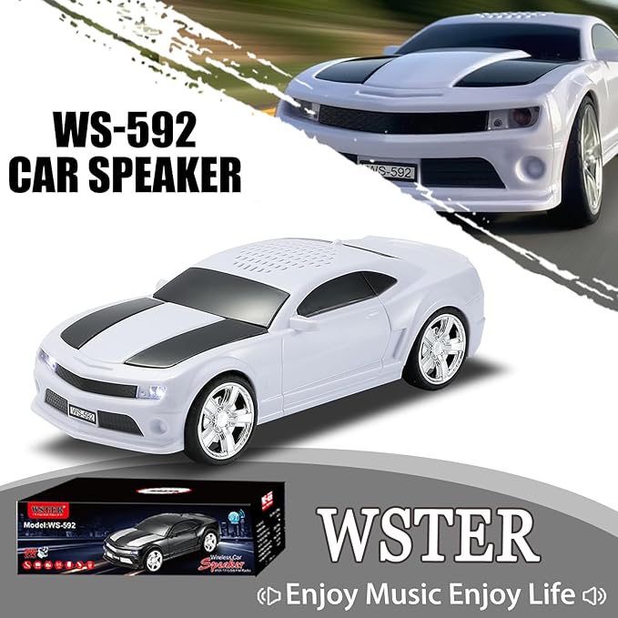 WSTER WS-592 Supercar Design Bluetooth Replica Speaker – Portable Car Model Wireless Speaker with TWS Stereo, FM Radio, LED Party Lights, USB/TF Playback, Hands-Free Calling, Microphone(White)