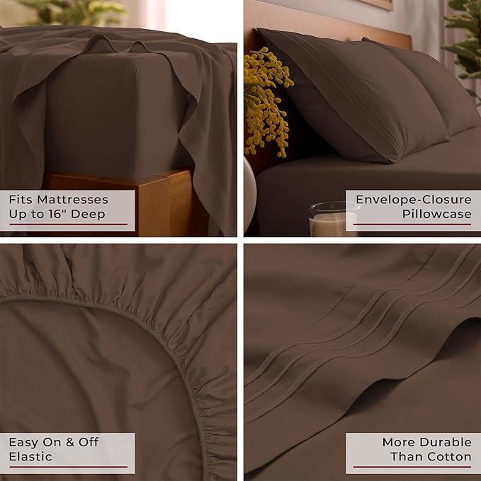 Mellanni Split King Sheet Set - 7-Piece Iconic Collection Bedding, (Including 4 Pillowcases), 16-Inch Deep Pocket, Easy Care, Extra Soft, Cooling Sheets, Brushed Microfiber - Brown
