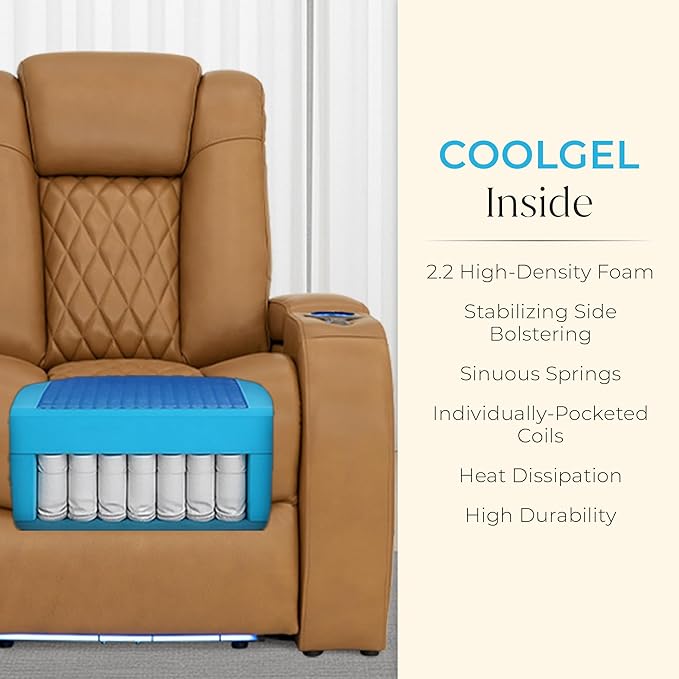 Seatcraft Diamante Zero-Gravity CoolZero Italian Leather Home Theater Seating, Power Headrest, Power Recline, Row of 3 Right Loveseat, Tan Oak