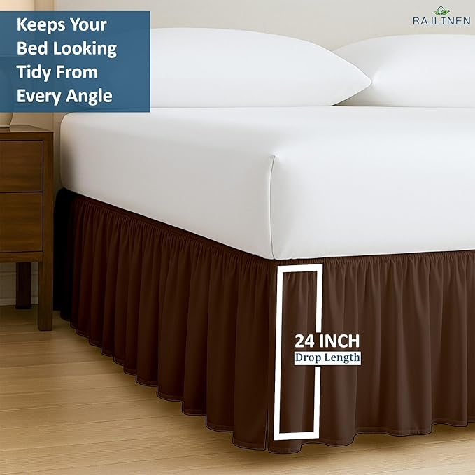 Rajlinen Ruffled Bed Skirt Full XL, 24 Inch Drop Dust Ruffle with Split Corners, 100% Microfiber Bedskirt with Platform, Three-Sided Coverage Ruffled Gathering Design, Chocolate
