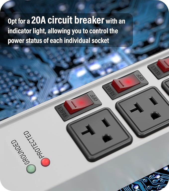 CCCEI Heavy Duty Surge Protector Power Strip 20 Amp Individual Switches. 25FT 12 Gauge Extension Cord with Multiple Outlets. Kitchen, Garage, Shop, Industrial Wall Mount Electric Extender, Grey.