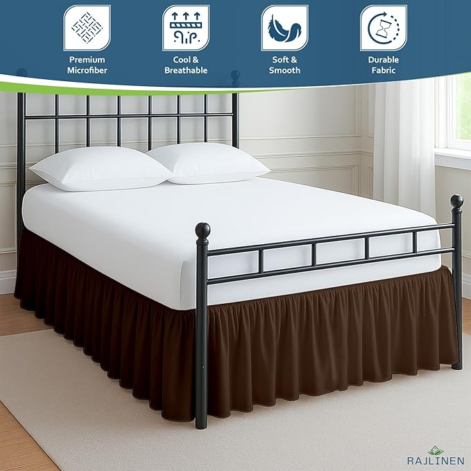 Rajlinen Ruffled Bed Skirt King, 15 Inch Drop Dust Ruffle with Split Corners, 100% Microfiber Bedskirt with Platform, Three-Sided Coverage Ruffled Gathering Design, Chocolate