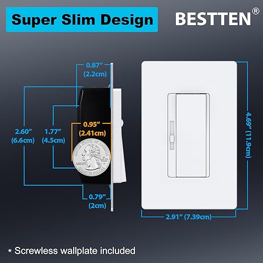 BESTTEN 6 Pack Super Slim Dimmer Light Switch, Quiet Rocker, Single Pole or 3 Way Dimmable Switch, Max 300W LED, CFL, 600W Incandescent, Screwless Wall Plate Included, ETL Listed, White