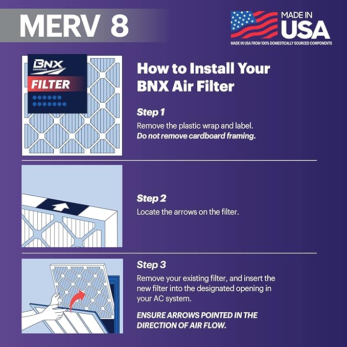BNX 20x25x1 MERV 8 Air Filter 2 Pack - MADE IN USA - Electrostatic Pleated Air Conditioner HVAC AC Furnace Filters - Removes Dust, Mold, Pollen, Lint