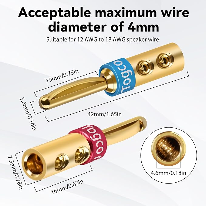 4mm Speaker Banana Plugs (4 Pairs, 8 Pcs),24K Gold Plated Banana Speaker Wire Banana Plugs Connectors for Speaker Wire, Wall Plate, Home Theater, Audio/Video Receiver, Amplifiers and Sound Systems