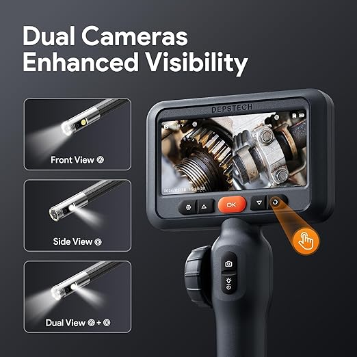 DEPSTECH Dual Lens Two-Way Articulating Borescope Camera with Light, 4.5" Screen and 5FT Flexible Snake Scope Industrial Endoscope, Inspection Video Camera Tool for Wall, Engine, Auto, Mechanics