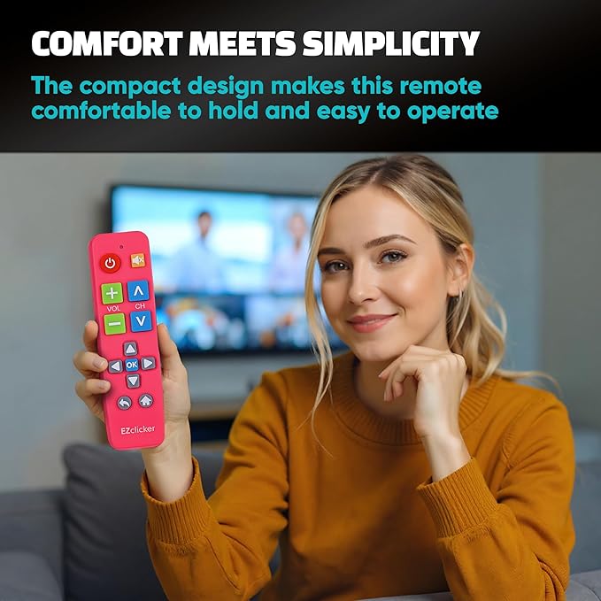 EZclicker Plus Big Button Universal TV Remote (Pink) Simple Easy to Use, Works with Major TV Brands (2xAAA Batteries Not Included)